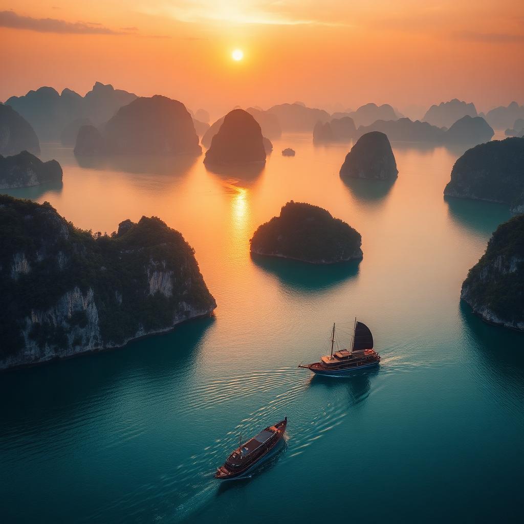 Halong Bay at sunset with limestone karsts and a traditional cruise boat
